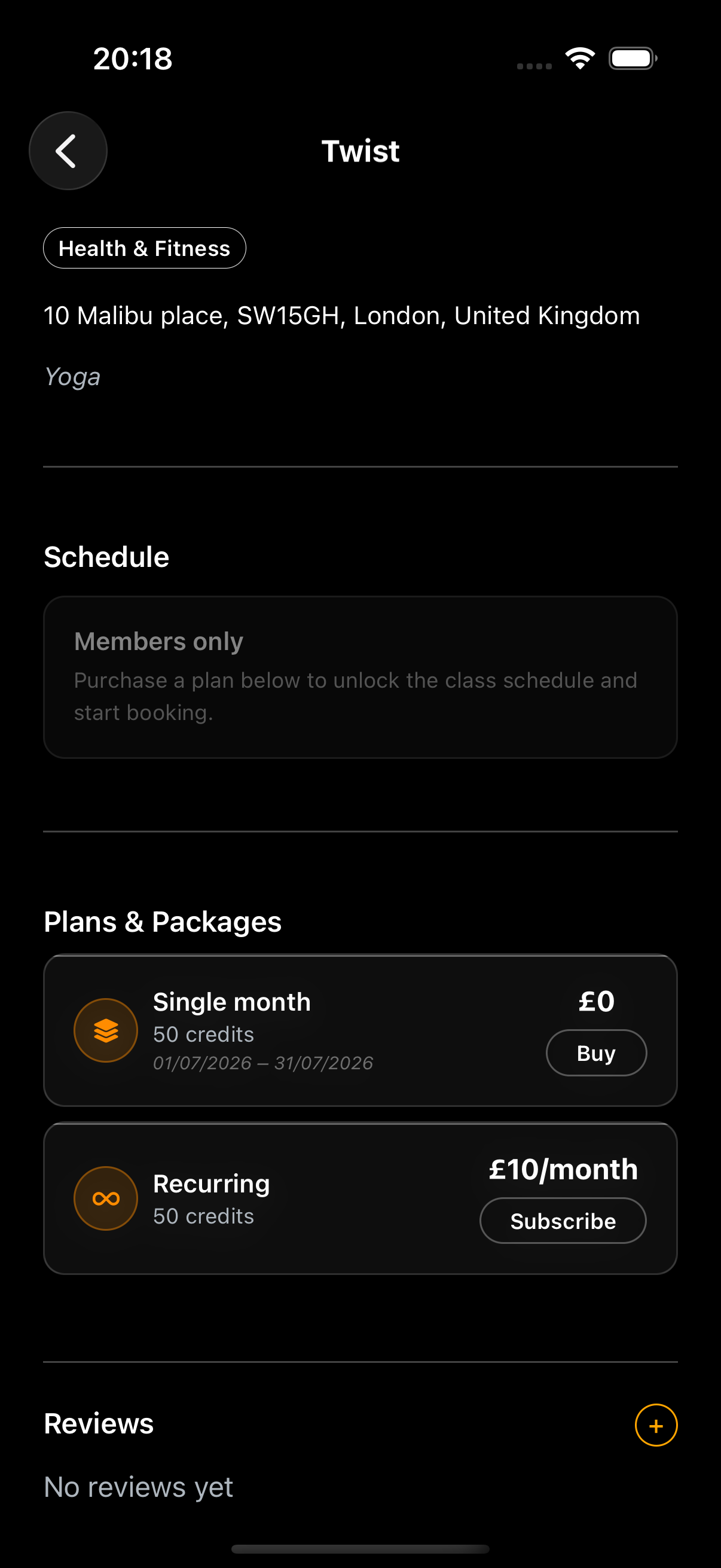Fitness plans and packages screen