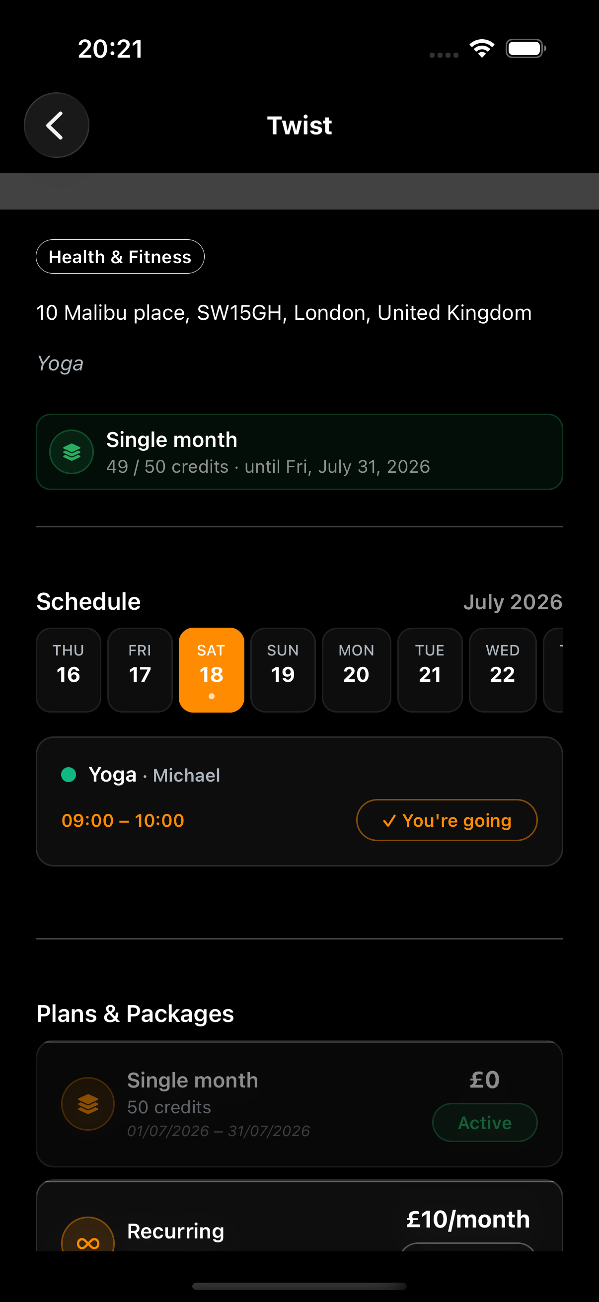 Fitness class booking screen