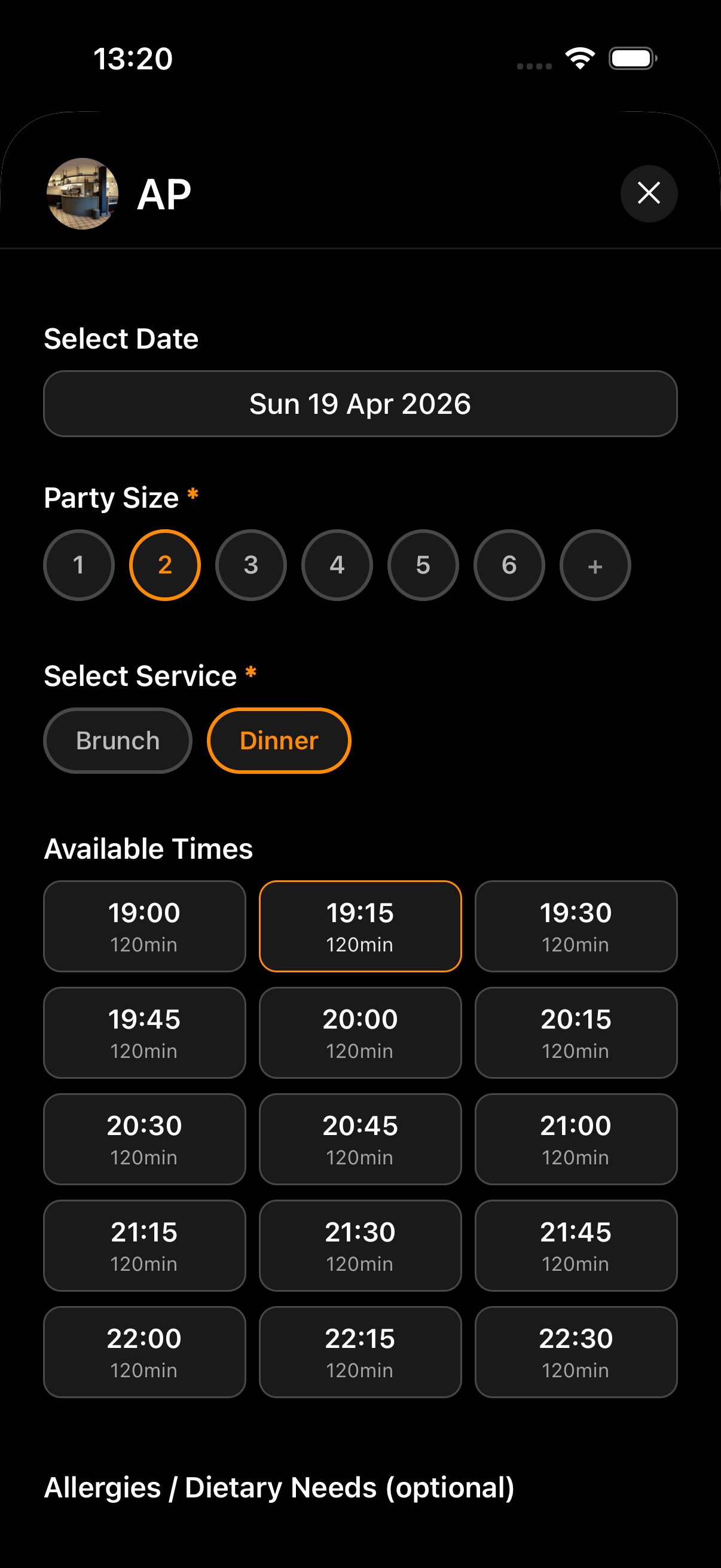 Bookings screen