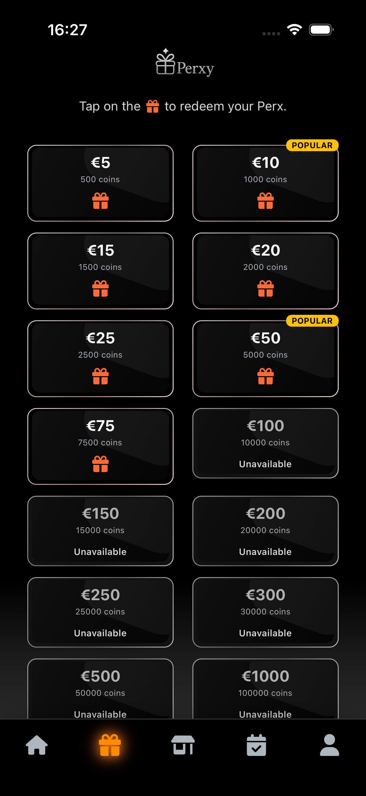 Customer Perx screen