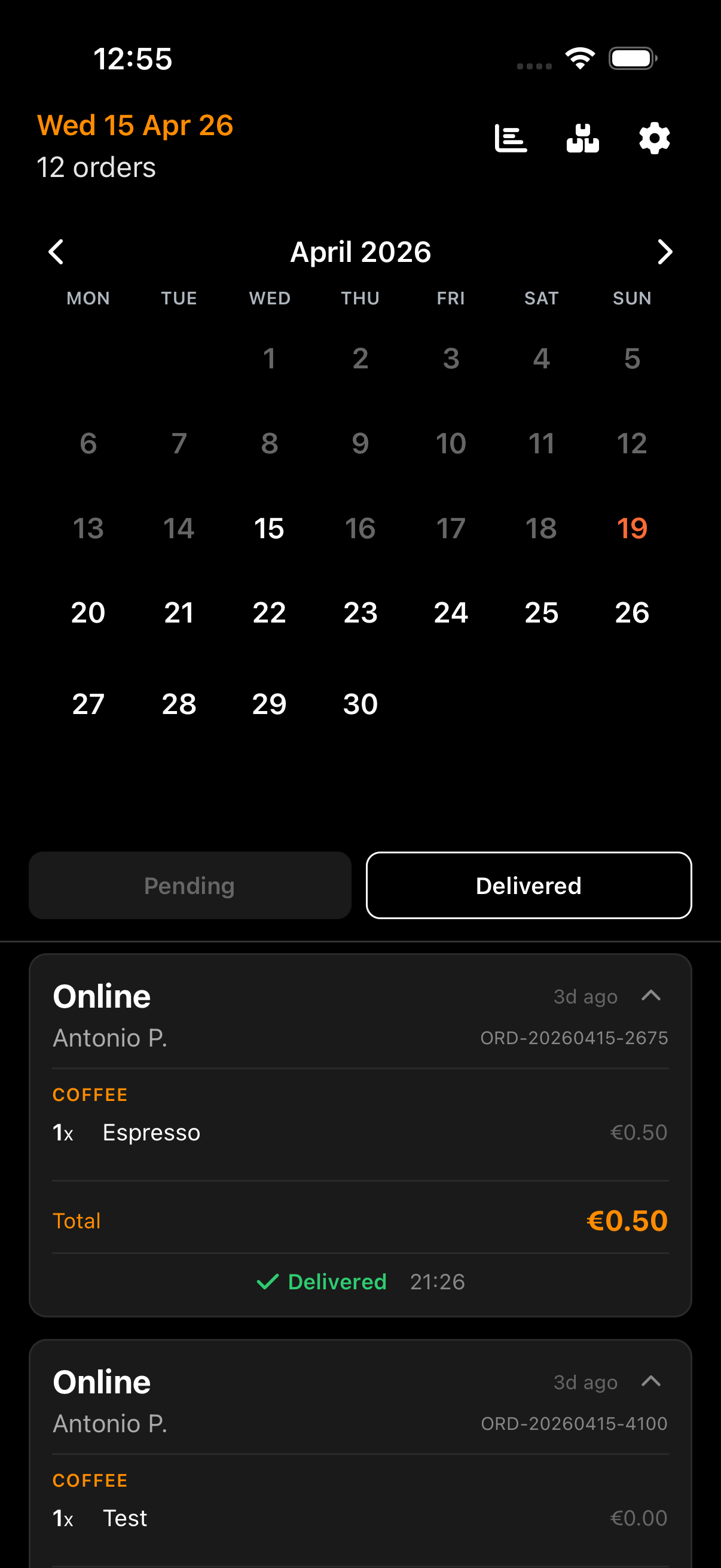 Orders screen